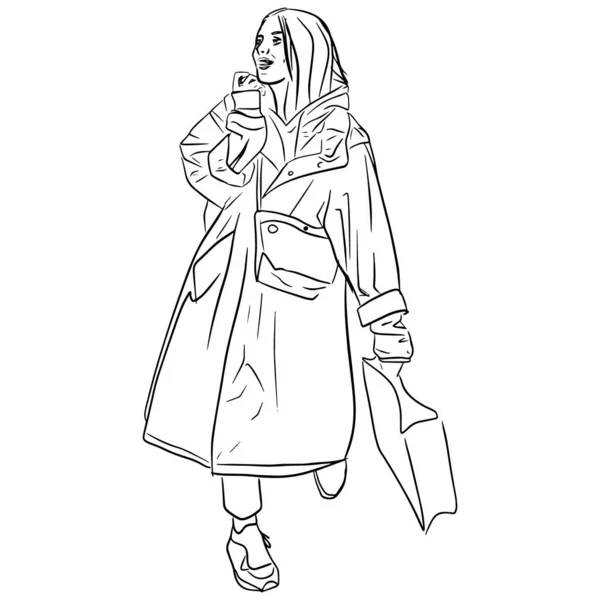 Garis besar sketsa seorang gadis dalam jas hujan dan sepatu olahraga dengan tas belanja kertas - Stok Vektor