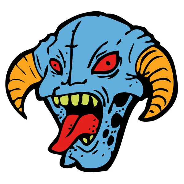 Diabo azul irritado com olhos vermelhos e boca aberta no estilo de desenho animado tatuagem —  Vetores de Stock
