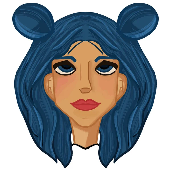 Retrato de personaje de chica joven con bollos de pelo azul — Vector de stock