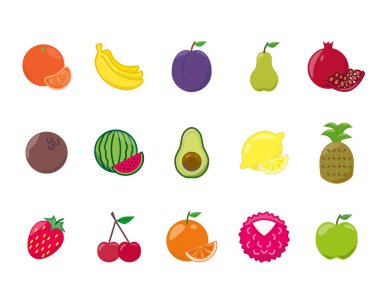 Bir dizi sulu ve taze meyve ikonu. Ağ için piktogram. Çizgi vuruş. Meyveler beyaz arka planda izole edilmiş. Vektör eps10 canlı renklerle ayarlandı