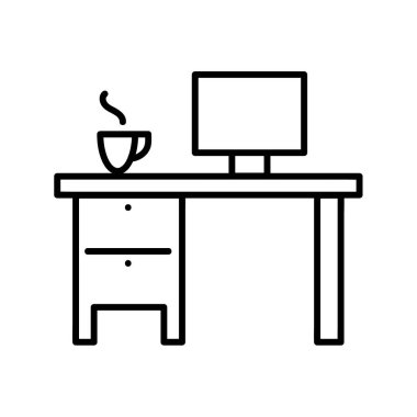 İş yeri simgesi. Ağ için düz resim. Çizgi vuruş. Beyaz arka planda izole edilmiş basit bir ofis sembolü. Taslak vektör eps10