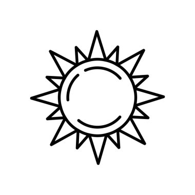 Güneş ikonu. Ağ için düz resim. Çizgi vuruş. Beyaz arka planda izole edilmiş basit ışın sembolü. Özet güneş ışığı ikonu vektörü ep10