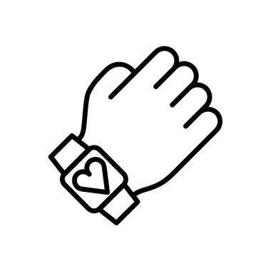 Elinde kalp sembolü simgesiyle ukalalık taslıyor. Ağ için düz resim. Çizgi vuruş. Beyaz arka planda izole edilmiş basit saatler. Taslak vektör eps1