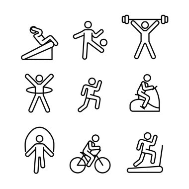 Sağlık fitness ikonu. Ağ için düz spor piktogram. Çizgi vuruş. Beyaz arka planda izole edilmiş basit spor salonları ve diyet sembolleri. Taslak simge vektörü ep10