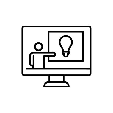İş fikri düz bir ikon. Ağ için piktogram. Çizgi vuruş. PC monitörü beyaz arkaplanda izole edildi. Vektör E10. İş yaratıcılığı kavramı
