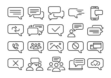 Tarih düzenleme simgeleri kümesi. Ağ için düz resim. Çizgi vuruş. Beyaz arkaplanda izole edilmiş basit sohbet konuşma sembolleri. Çevrimiçi flört sohbet vektörü ep10 taslağı