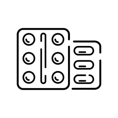 Haplar yassı ikon. Web için vitamin piktogramı. Çizgi vuruş. Beyaz arka planda izole edilmiş. Vektör E10. Sağlık için ilaç hazırlığı