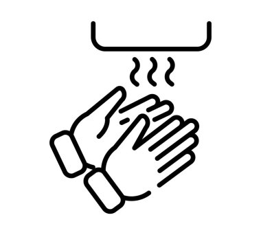 El kurutma makinesi düz simgesi. Ağ için piktogram. Çizgi vuruş. Beyaz arka planda izole edilmiş. Vektör E10. Rüzgâr ellere vuruyor.