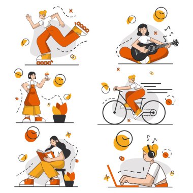 Farklı hobilerin tasviri. Gençler oyun oynuyor, eğleniyor ve evde karantinada kalıyorlar. Kapalı alan işgal eğlence seti..