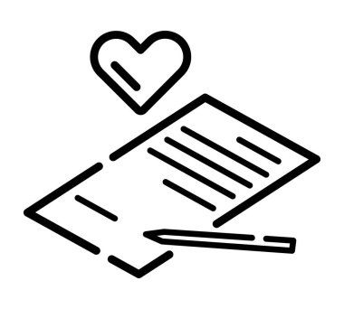 Evlilik belgesi ikonu. Ağ için düz kalp resmi. Çizgi vuruş. Beyaz arka planda izole edilmiş basit eller sembolü. Taslak simge vektörü ep10