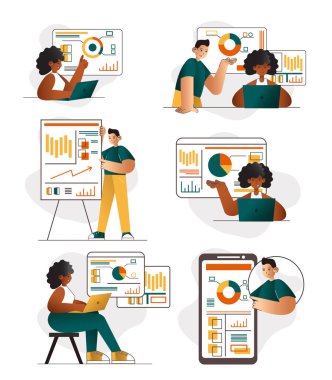 Bir dizi iş karakteri. Çizgi film vektör çizimi beyaza izole edildi. İletişim şirketi. Modern iş stratejisi bayrağı. Takım çalışmasının yenilik teknolojisi. Siyah, Asyalı takım çalışması