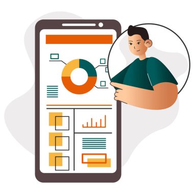 Çizgi film stili vektör çizimi beyaz arkaplanda izole edildi. Teknoloji şirketi. Asyalı erkeklerin iş stratejisinin modern bayrağı. Takım çalışmasının yenilik teknolojisi. İş adamı karakteri.