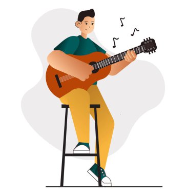 Asyalı bir adamın evde kalıp gitar çalarak eğlendiği bir resim. Vektör E10, beyazda izole edildi. Çizgi film karakteri şarkısı konseri.