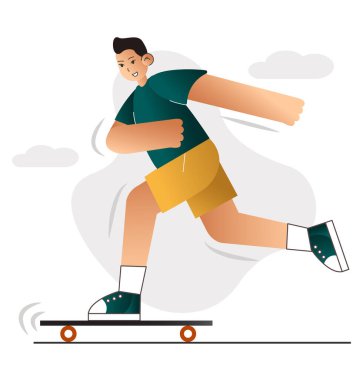 Asyalı bir adamın evde kalıp hobi olarak paten kayması. Vektör E10, beyazda izole edildi. Çizgi film karakteri içeride.