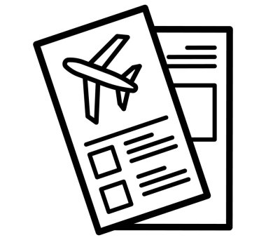 Seyahat biletleri ikonu. Turizm tatil sembolü. Seyahat hisse senedi çizimi. Beyaz arka planda izole edilmiş. Vektör Eps10
