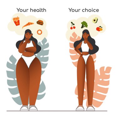 Fat black girl change her life. Smiling fit slim woman stay against big fat woman. Fitness concept. Vector stock illustration eps10. Loss weight concept