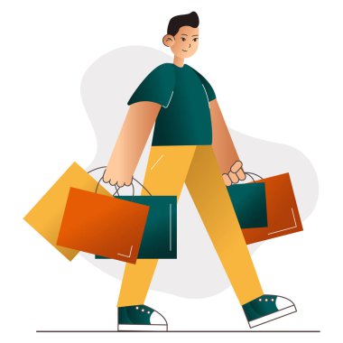 The boy buys clothes in the store. Man with bags full of  clothes. Vector stock illustration. Eps 10 isolated shop template. Shopping concept