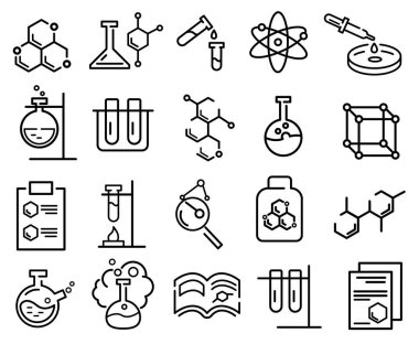 Bir dizi düz kimya ikonu. İnternet için bilim laboratuarı resmi. Çizgi vuruş. Beyaz arka planda izole edilmiş kimyasal labaratuar sembolleri. Vektör Eps10