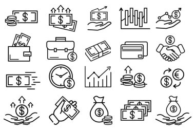 Finansal şeyler dizisi düz simgeler. Ağ için piktogram. Çizgi vuruş. Maliye ve ekonomi beyaz arka planda izole edildi. Vektör Eps10