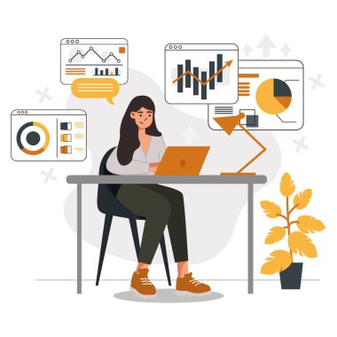 Çizgi film stili vektör çizimi beyaz arkaplanda izole edildi. Seminerde tahtası ve diyagramı olan bir kadın. Modern iş stratejisi bayrağı. Takım çalışmasının yenilik teknolojisi. İş kadını karakteri.