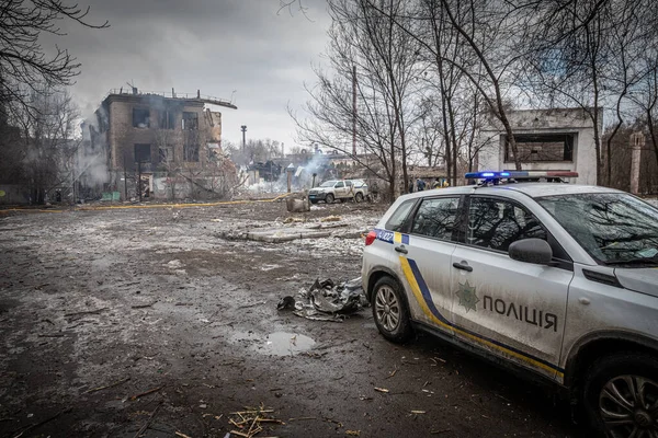 Dnipro, Ukraine Mar 11, 2022: houses, army, rocket, police, fire, analysis, investigation, pyrotechnics, bomb, shooting, people, — Stock Photo, Image