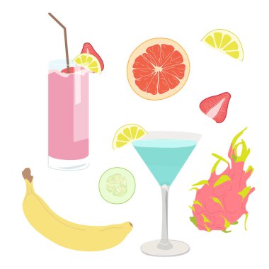 Meyveler, meyveler ve kokteyllerle kurulmuş vektör görüntüsü