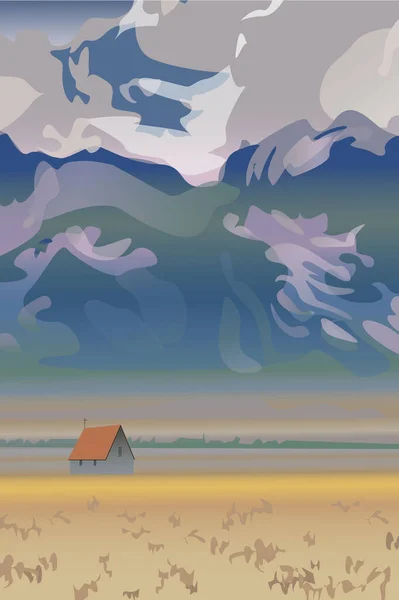 Image Vectorielle Paysage Montagne Avec Une Maison Isolée — Image vectorielle