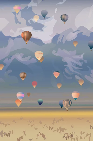 Imagem Vetorial Festival Balões Quente Nas Montanhas — Vetor de Stock