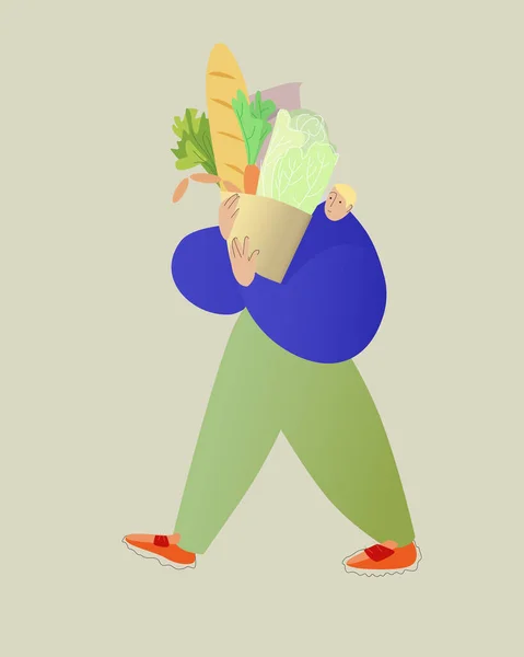 Διάνυσμα Εικόνας Ένας Άνθρωπος Μια Μεγάλη Τσάντα Των Τροφίμων — Διανυσματικό Αρχείο