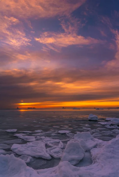 Winter Sunset Ice Bound Sea — Photo