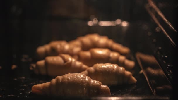 Timelapse ciasta francuskiego croissanty. Bułeczki są pieczone w piekarniku. Kuchnia domowa lub piekarnia przemysłowa. Śniadanie wypieki są odbierane — Wideo stockowe