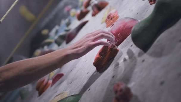 Sportovní dívka horolezec je angažován na umělé zdi v tělocvičně. Atletická žena Uchopení kamenů a říms. Bouldering ve městě. Zpomalený pohyb — Stock video