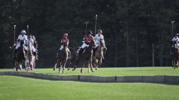 UFA RUSSIA - 05.09.2021: Jogo de pólo, câmera lenta. Duas equipes de jogadores montam cavalos em um estádio de grama verde. Acertaram na bola.. — Vídeo de Stock