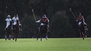 UFA RUSSIA - 05.09.2021: Polo oyunu, yavaş çekim. İki oyuncu takımı yeşil çimen stadyumunda ata biniyor. Topa vurdular..