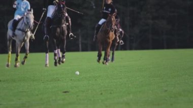 UFA RUSSIA - 05.09.2021: Polo oyunu, ağır çekimde iki takım. At biniciliği. Çimlerde polo, stadyumda binicilik sporları