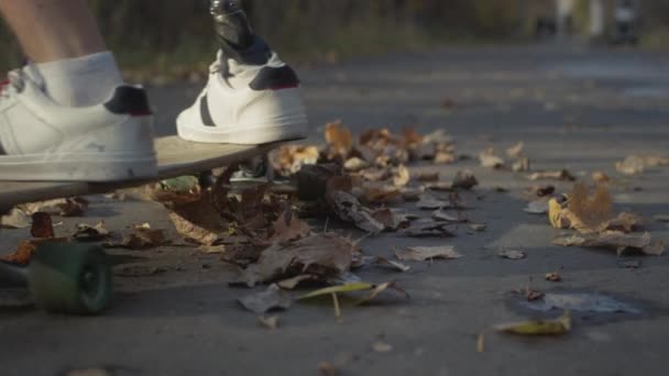 Metal biyonik protez bacaklı genç bir adam sonbahar ormanında kaykay sürüyor. Yapay bir bacak kaykayın üzerindeki asfalttan itiyor. — Stok video