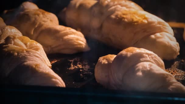 パイ生地クロワッサンの時間経過.オーブン内でパンを焼きます。ホームキッチンや産業パン屋。朝食焼き菓子を取り寄せる — ストック動画