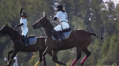 UFA RUSSIA - 05.09.2021: Polo game, slow motion. The player holds a long-handled wooden mallet in his hand. The girl rides a horse in sports uniform