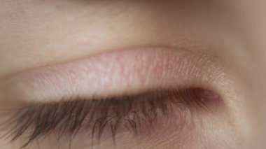 Extreme close-up of a beautiful girls blue eye. Caucasian woman blinking an eye. Perfect clean young skin. Slow-motion