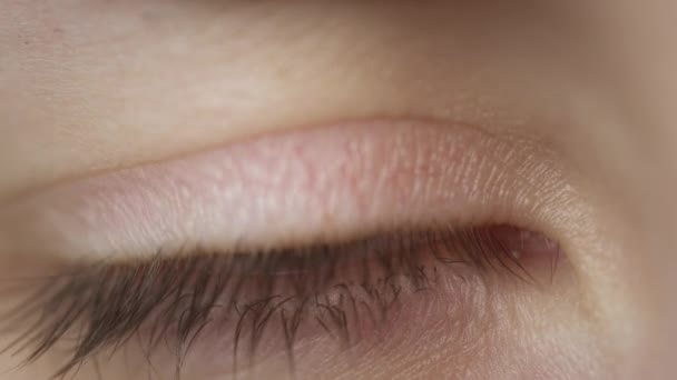 Extreme close-up of a beautiful girls blue eye. Caucasian woman blinking an eye. Perfect clean young skin. Slow-motion — стоковое видео