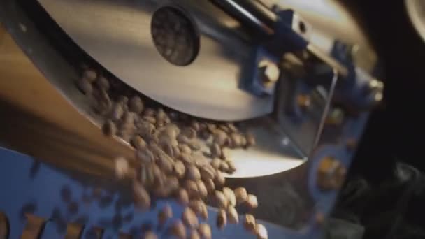 Bruine Arabica koffiebonen vallen uit de broodrooster in de koeler voor afkoeling. Professionele industriële roosteren, koffie-industrie. Wave of stroom van koffie — Stockvideo