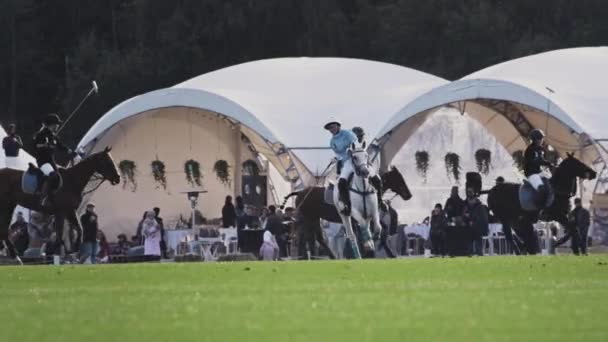UFA RUSSIA - 05.09.2021: Playing polo, a girl rides a horse in slow motion. Polo in the green grass arena, equestrian sports in the stadium — 图库视频影像