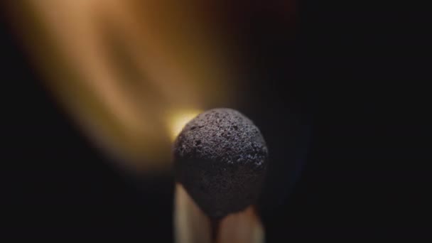 Matchstick met vuur op de punt. Matchstick vuurt op Matchbox in macro slowmo. Macro Shot of Iigniting Match tegen zwarte achtergrond. Brandende lucifer. — Stockvideo