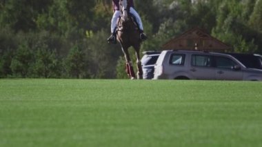 Polo oyunu, ağır çekim. At yeşil çimlerle, çimlerle arenada dörtnala koşuyor. Chakker 'lar arasında ara verelim. At bacakları ve toynakları. Zenginler için bir oyun.