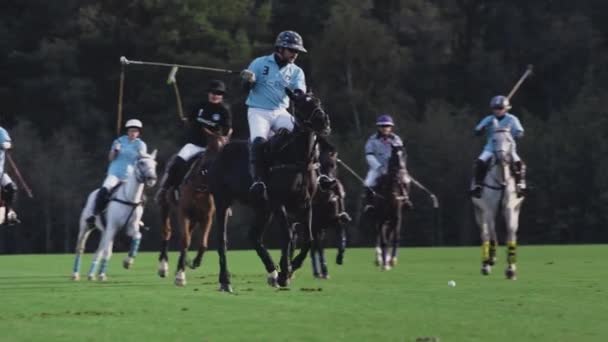 UFA RUSSIA - 05.09.2021: Polo game, slow motion. Two teams of players ride horses in a green grass stadium. They hit the ball. — Stock Video