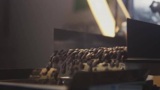 Pečená kávová zrna vypadávají z chladiče. Arabické fazole se nalévají a střídají. Průmyslové pražení a výroba, kávový průmysl — Stock video