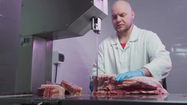 Industriële verwerking van vlees. Een kokkin snijdt een stuk haasje in een slagerij op een machine met een bandzaag. Ribeye of gemarmerd rundvlees. — Stockvideo