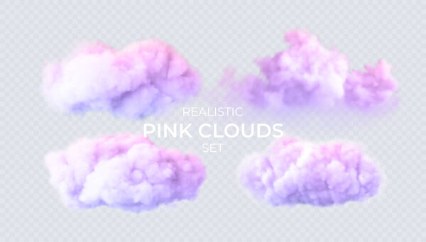 Pink, blue, purple clouds isolated on a transparent background. 3D realistic set of clouds. Real transparent effect. Vector illustration