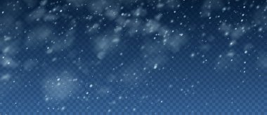 Snow Blizzard realistic overlay background. Snowflakes flying in the sky isolated on transparent background. Background for Christmas design. Vector illustration clipart