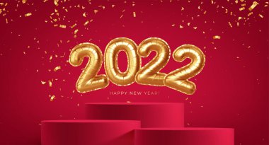 Altın folyo balonları 2022 Yeni Yıl ve kırmızı ürün podyumu. Gerçekçi 3D altın folyo balonları 2022. Noel ve Yeni Yıl Arifesi tasarımları. Vektör illüstrasyonu